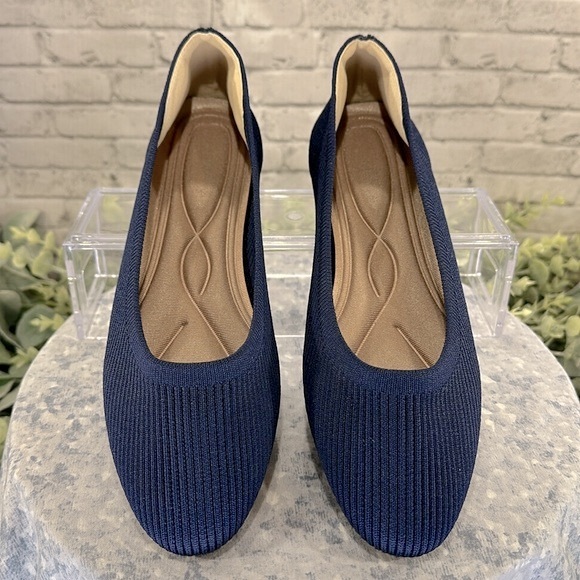 Navy Blue Round Toe Ribbed Stretch Knit Flex Comfort Flats - WMS 8M💙Like New💙 - Picture 3 of 10